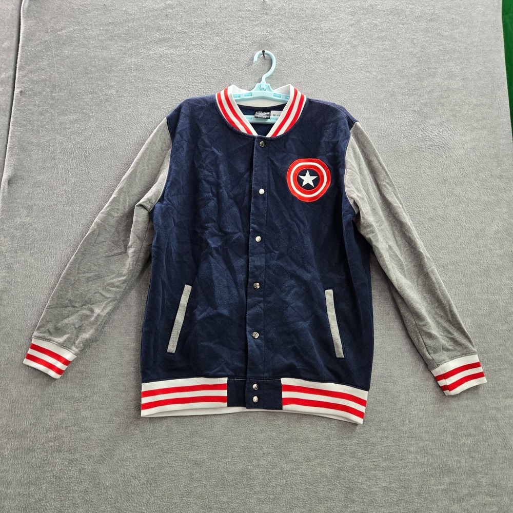 Marvel Men Varsity Jacket Large Captain America Blue Gray Snap Button Up Pockets